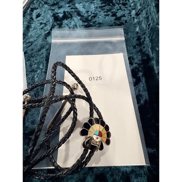 Sterling Silver Zuni Sun Face Native American Turquoise Coral Bolo Tie Slide - Picture 8 of 9